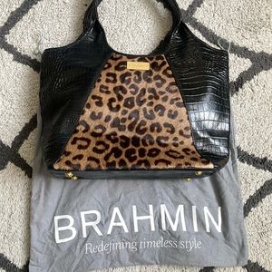 Brahmin black leather croco-cheetah fur bag.